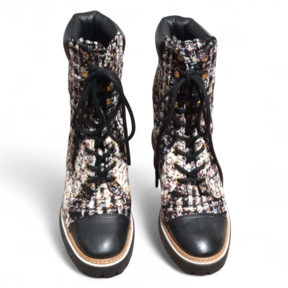 Tory Burch Miller Tweed Leather Cap Toe Combat Lace Up Boots Sz 8